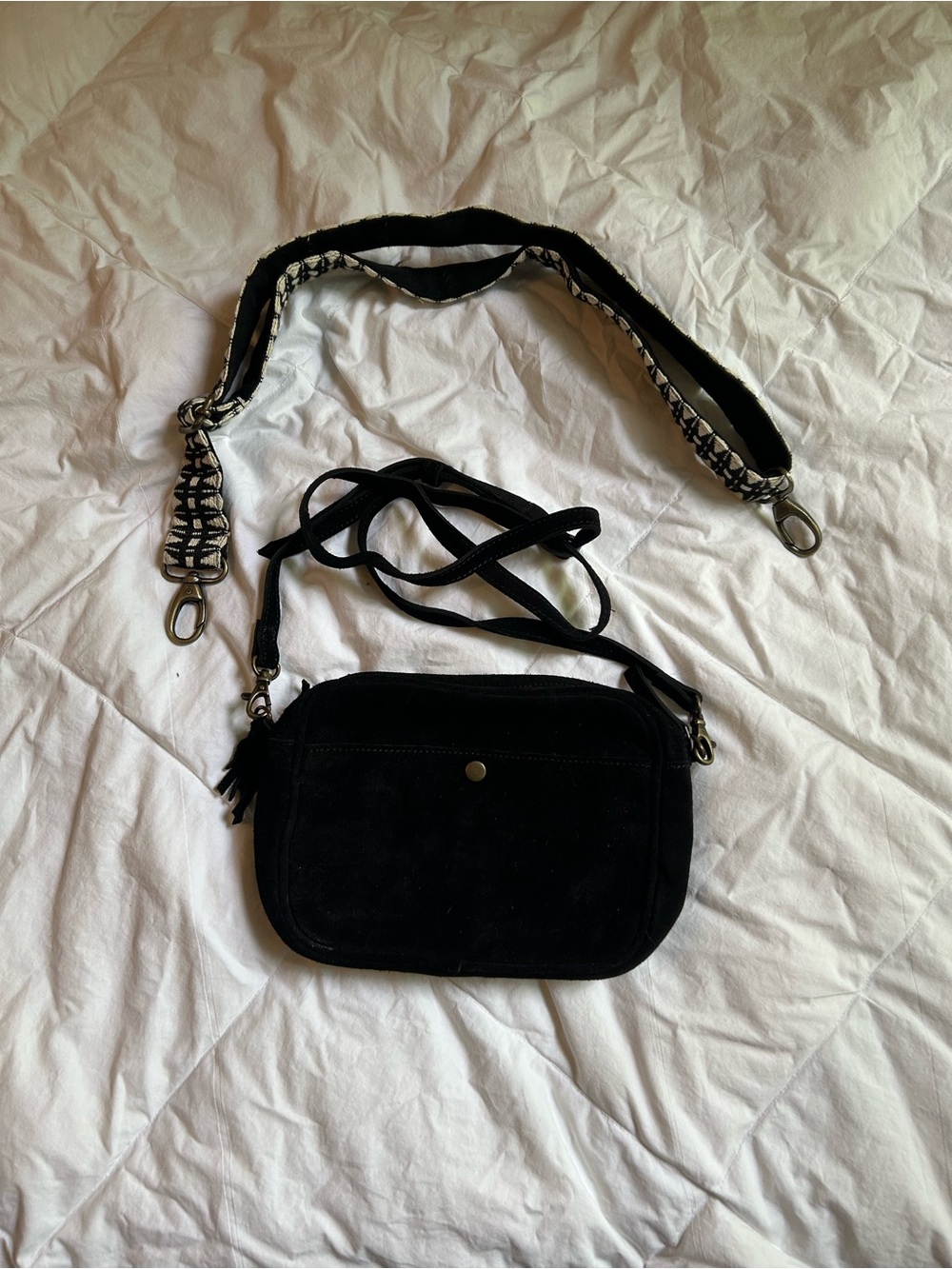 Black Suede Crossbody Bag with Detachable Strap